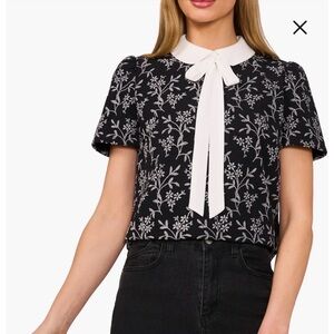 CeCe black and white floral bow collar top